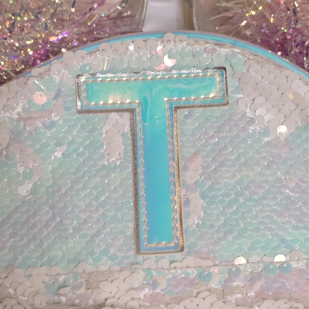 Justice Silver Flip Sequin Mini Backpack T Initial Pompom Metallic Glitter Bag